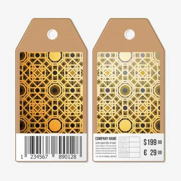 Tags design on both sides, cardboard sale labels with barcode. Islamic gold Illustrazione stock