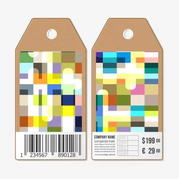 Tags design on both sides, cardboard sale labels with barcode. Abstract colorful Illustrazione stock