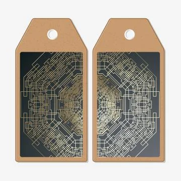 Tags design on both sides, cardboard sale labels. Golden technology pattern Stock Illustration
