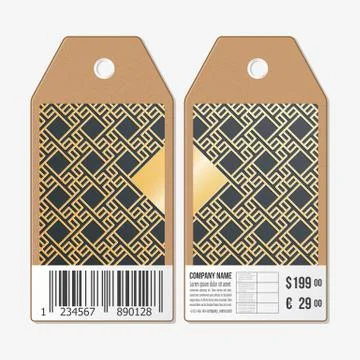 Tags design on both sides, cardboard sale labels with barcode. Islamic gold Illustrazione stock
