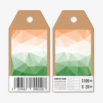 Tags design on both sides, cardboard sale labels with barcode. Background for Illustrazione stock