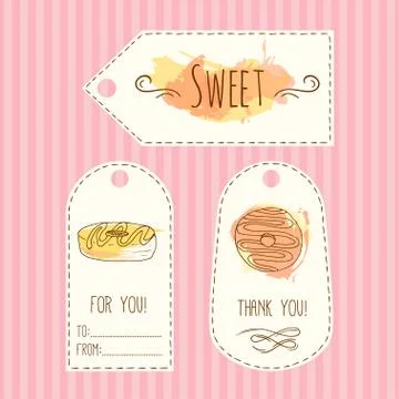 Tags with donut illustration. Vector hand drawn labels set  watercolor splashes Stock Illustration