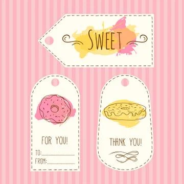 Tags with donut illustration. Vector hand drawn labels set  watercolor splashes Illustrazione stock