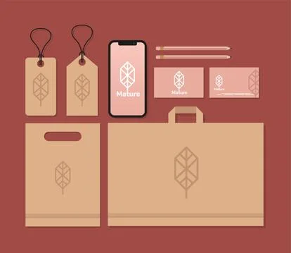Tags hanging and bundle of mockup set elements in red background 스톡 일러스트