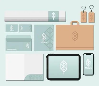 Tags hanging and bundle of mockup set elements in blue background Stock Illustration