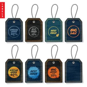 Tags items set. Jeans lables. Denim texture. Sale banners. Vector Stock Illustration