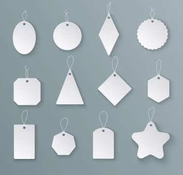 Tags labels. White paper empty price tag with string in different shapes Illustrazione stock