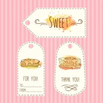 Tags with pancake illustration. Vector hand drawn labels set  watercolor Stock Illustration