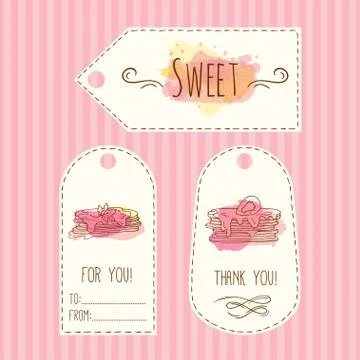 Tags with pancake illustration. Vector hand drawn labels set  watercolor Stock Illustration