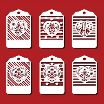 TAgs set and Geometry hearts on the red background for laser cutting. Set of Stock Illustration