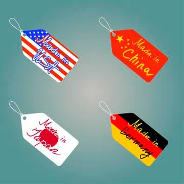 Tags set. Countries Germany, USA, China, Japan Illustrazione stock