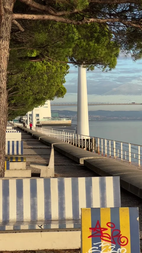 Tagus river and Vasco da Gama bridge view from Nations Park in Lisbon. Vertical Stock Footage 241023607
