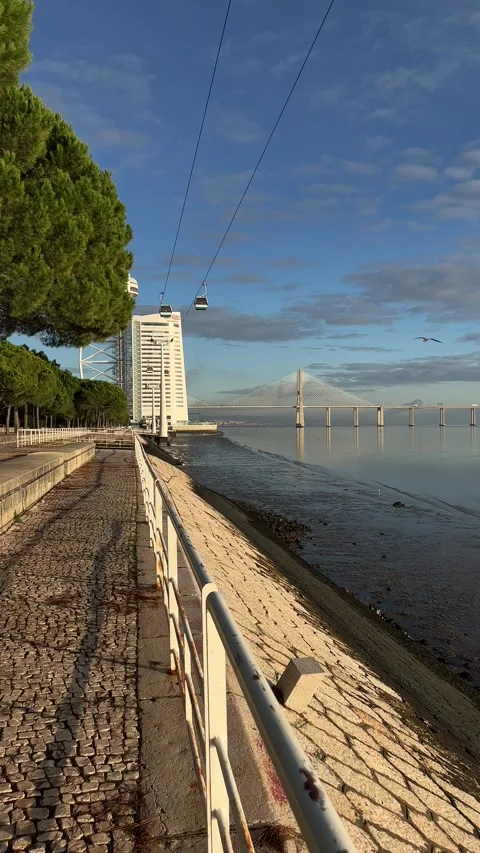Tagus river and Vasco da Gama bridge from Nations Park in Lisbon. Vertical Stock Footage 241023624