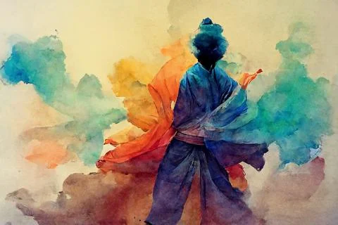 Tai chi master in the flow of color and harmony, spirit and mindfullness Stock Illustration