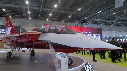 TAI Hurjet advanced trainer jet on display at the military trade show - Istanbul Stock Footage 344963755