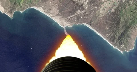 Tail camera view, smoother rocket ascent over Vandenberg Air Force Base. Vidéo 100451612