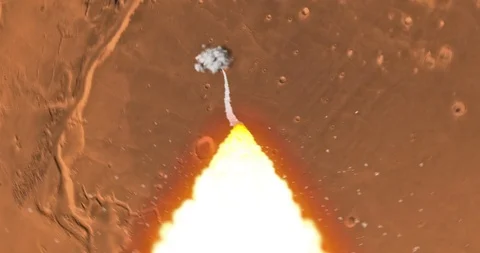 Tail camera view, turbulent rocket ascent from Mars' Lanae Palus Region. Vidéo 99832731