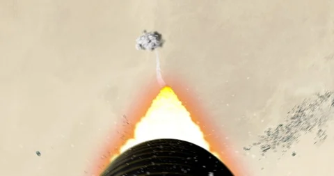 Tail camera view, turbulent rocket ascent over desert terrain in Libya. 스톡 동영상 100421599