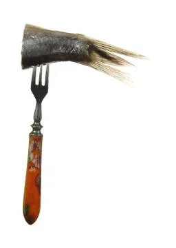 Tail herring on old fork with a colored pen, isolated on white background. Foto stock