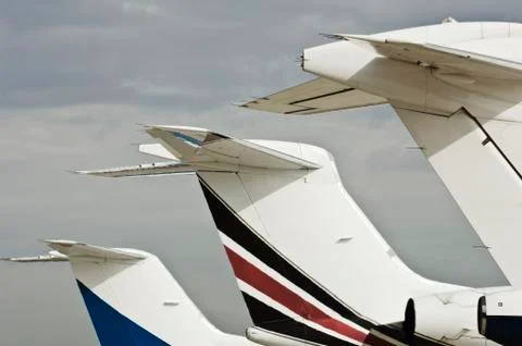Tail sections on jet aircraft Stock Photos