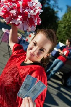 Tailgating: woman ready to go and watch football game Stock Photos