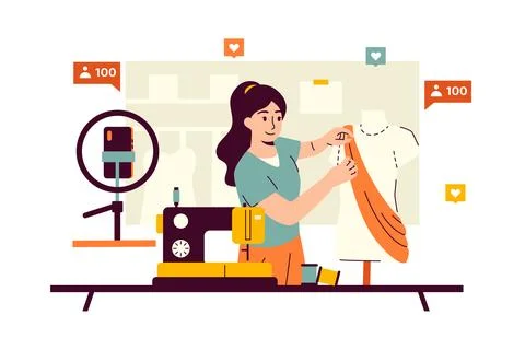 A tailor blogger showing the process of creating fashionable clothes on camera Illustrazione stock