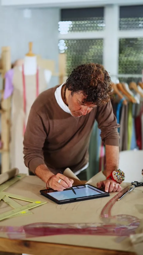Tailor draws a model of clothes on an electronic tablet. Fashion designer Stock Footage 331306164