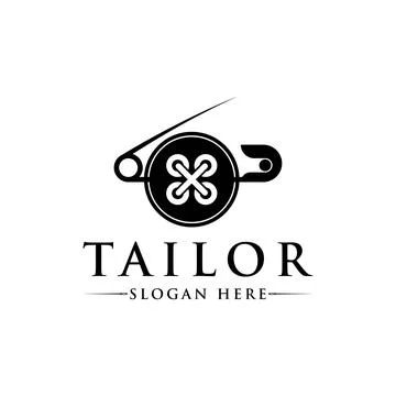 Tailor Logo. Black Needle with Black Circle Outline Thread and Buttonhole Com Stock Illustration