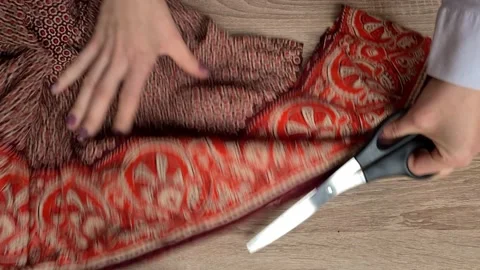 Tailor Manually Cuts Piece Of Cloth Or Mesh Stock Footage 154896224
