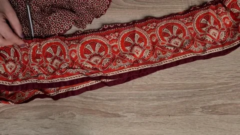 Tailor Manually Cuts Piece Of Cloth Or Mesh Video stock 154896267