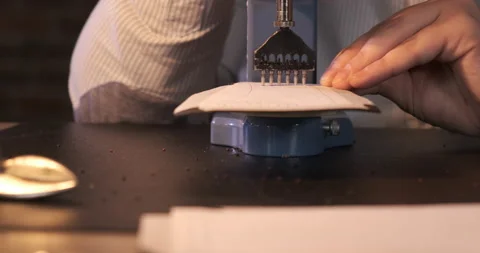 Tailor Master Works in Workshop, Artisan Produces Leather Products Stock Footage 133005333