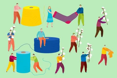 Tailor people with cotton thread vector illustration, tiny seamstress, woman man Stock Illustration