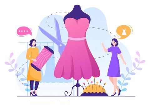 Tailor with Sewing, Cloth, Pincushion, Threads, Fashion Designer, Seamstress, Stock Illustration