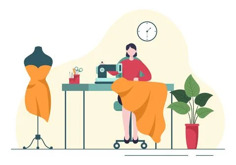 Tailor with Sewing, Cloth, Pincushion, Threads, Fashion Designer, Seamstress, 스톡 일러스트