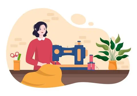 Tailor with Sewing, Cloth, Pincushion, Threads, Fashion Designer, Seamstress, Stock Illustration