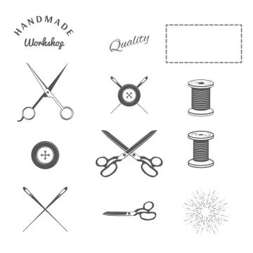 Tailor Sewing Design elements. Crossing Scissors and Needles. Vector Stock Illustration