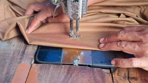 Tailor Sewing Fabric On Vintage Machine Stock Footage 341858877