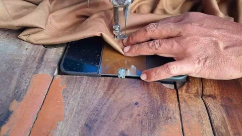 Tailor Sewing Fabric On Vintage Machine Stock Footage 341858880