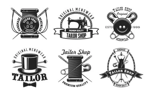Tailor sewing machine, button and needle icons Stock Illustration