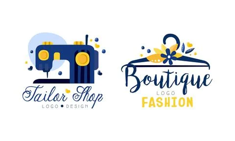Tailor Shop Logo Design Set, Fashion Boutique Hand Drawn Labels Vector Stock Illustration