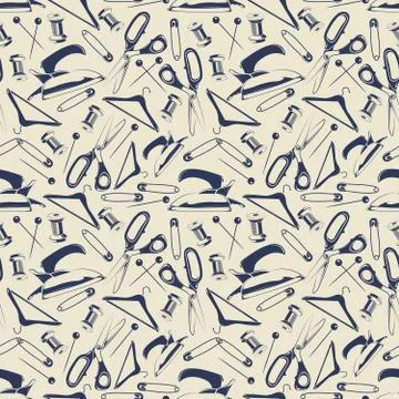 Tailor shop seamless pattern with scissors, iron, pins Stock Illustration