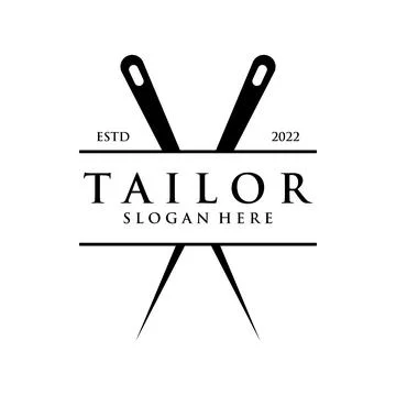 Tailor silhouette logo with needle, thread, benik and sewing machine markin.. Illustrazione stock