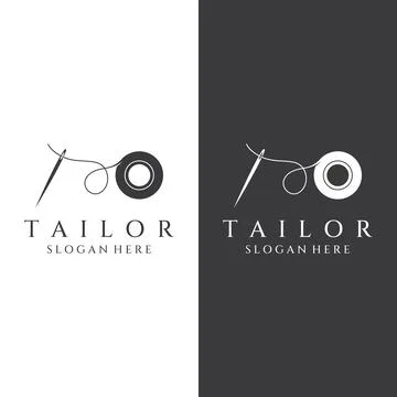 Tailor silhouette logo with needle, thread, benik and sewing machine markin.. Illustrazione stock