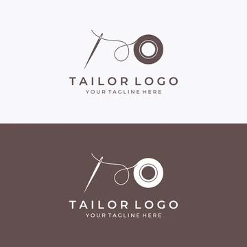 Tailor silhouette logo with needle, thread, benik and sewing machine markin.. Illustrazione stock