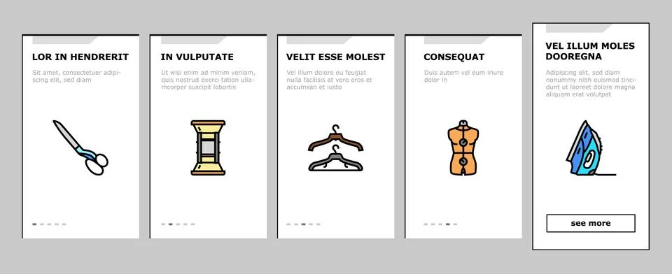 Tailor Worker Sewing Occupation onboarding icons set vector Illustrazione stock