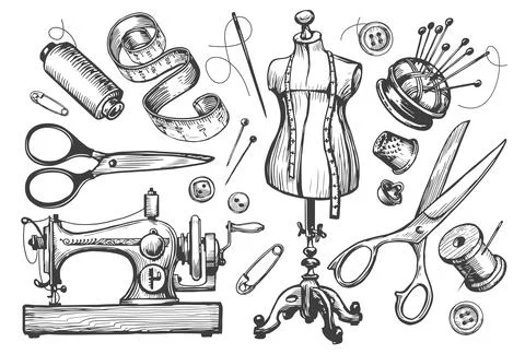 Tailored clothes. Sewing tailor tools set vector hand drawn sketch illustration Stock Illustration