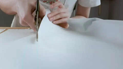 Tailor.Hands notch tailor tailor's scissors cloth. Stock-Footage 269801568