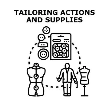 Tailoring actions and supplies for clothes production Illustrazione stock