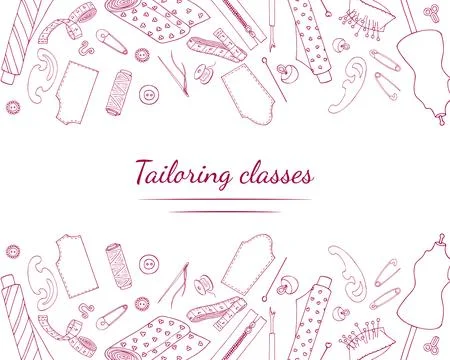 Tailoring courses banner template. Hand-drawn sewing elements. Sewing course  스톡 일러스트