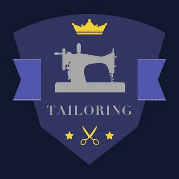 Tailoring Logo with Sewing Machine Crown and Scissors Emblem Stock Illustration